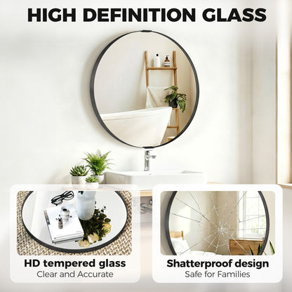 HOMCOM Round Wall Mirror 61 cm, Wall Mounted Bathroom Mirror with Tempered Safety Glass and Aluminium Alloy Frame, Black