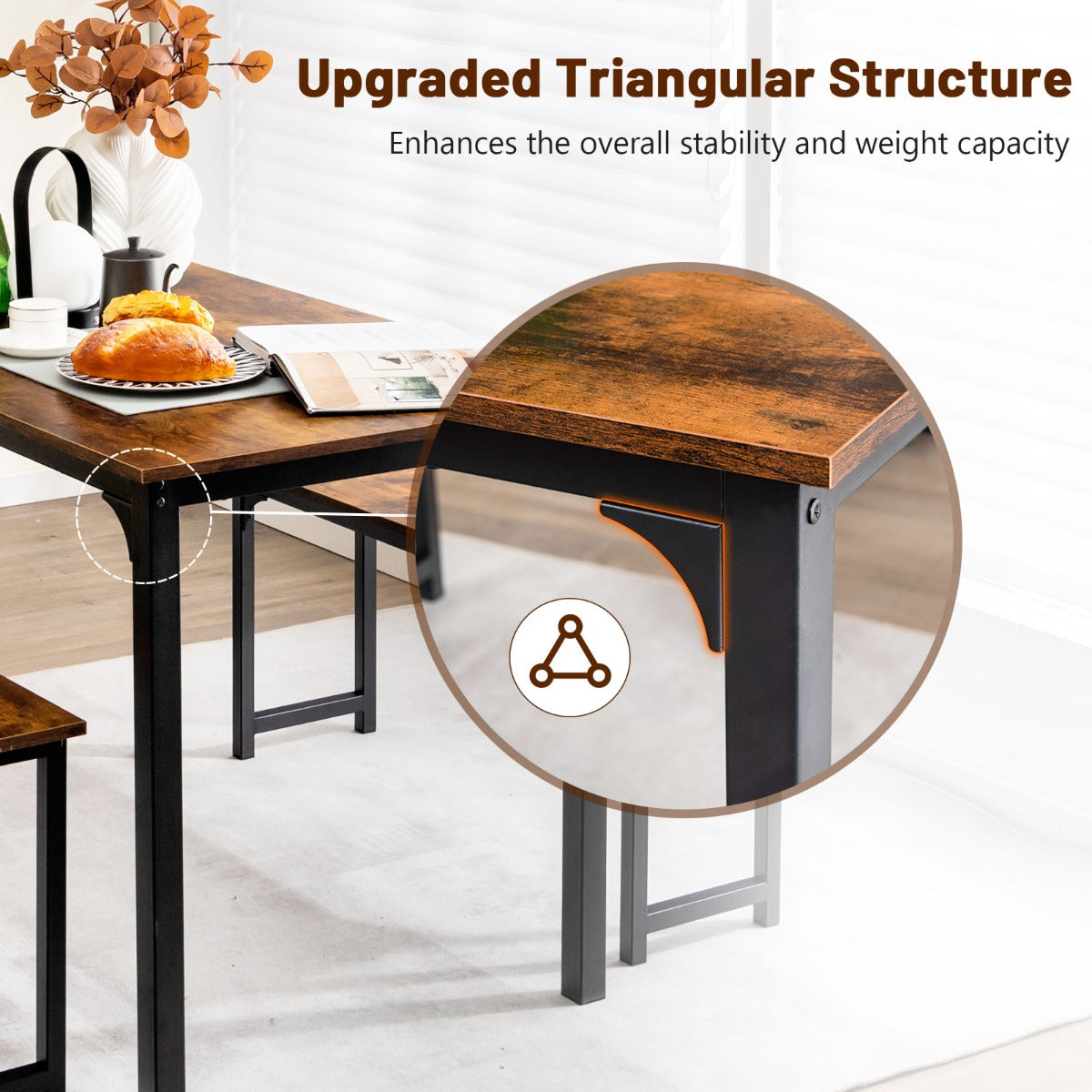 3 Pieces Space-Saving Dining Breakfast Table Set with 2 Benches-Coffee