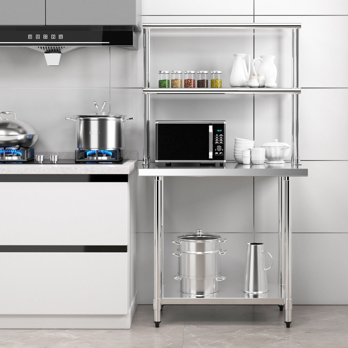 36 Inch Stainless Steel Overshelf with Adjustable Lower Shelf and Work Table