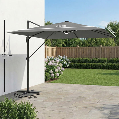 Outsunny 3 x 3 m Garden Cantilever Parasol with Light, Cover, Overhanging Umbrella w/ Wind Protection, 360 degrees Rotation, Light Grey