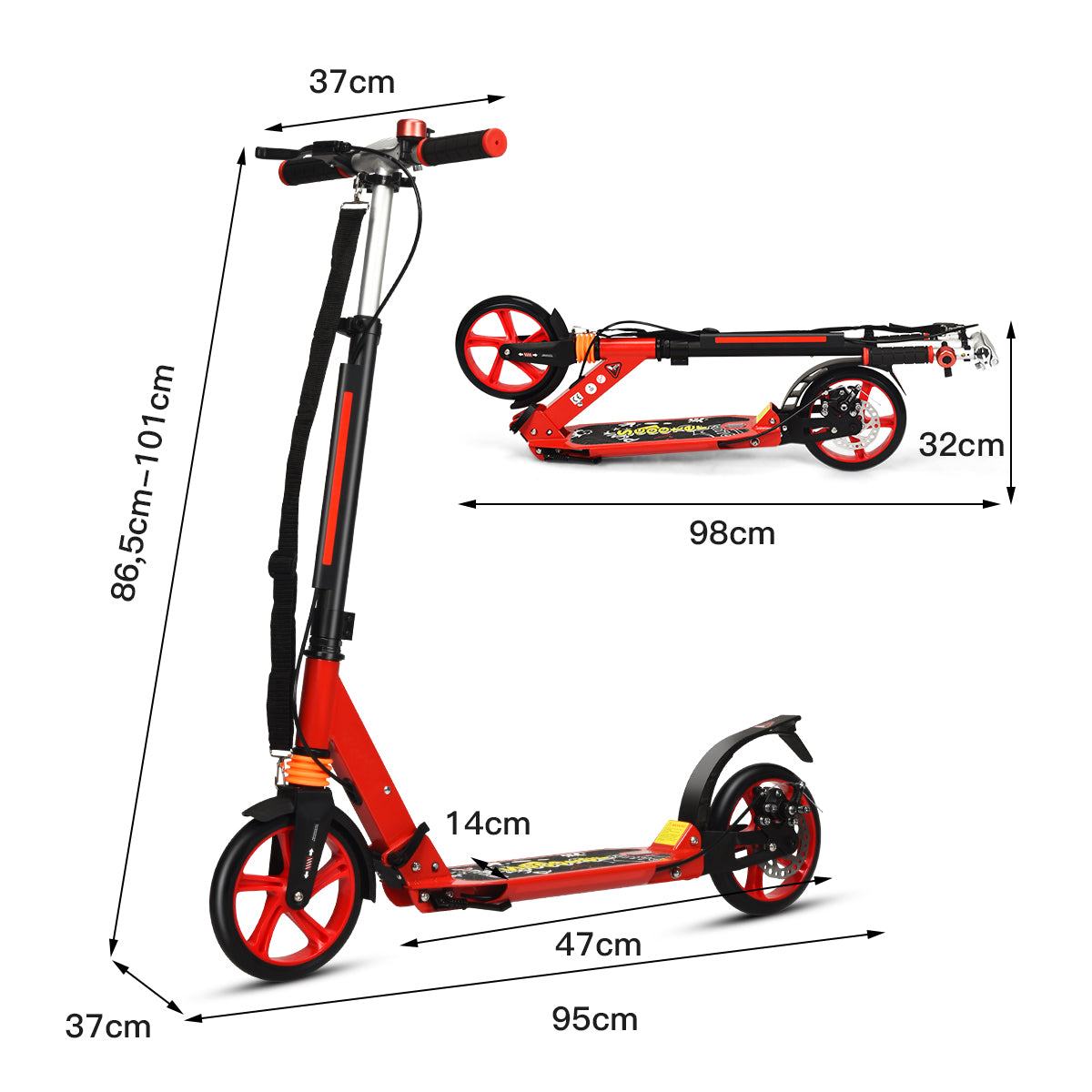 Kick Scooter with Adjustable Handlebar and Anti-Shocking Suspension-Red
