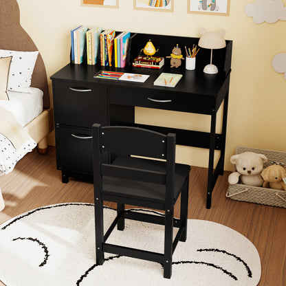 Kid's Study Desk and Chair Set with Deep Drawer and Enclosed Cabinets-Black