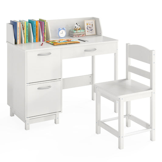 Kid's Study Desk and Chair Set with Deep Drawer and Enclosed Cabinets-White