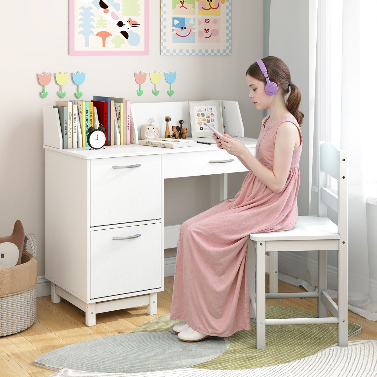 Kid's Study Desk and Chair Set with Deep Drawer and Enclosed Cabinets-White