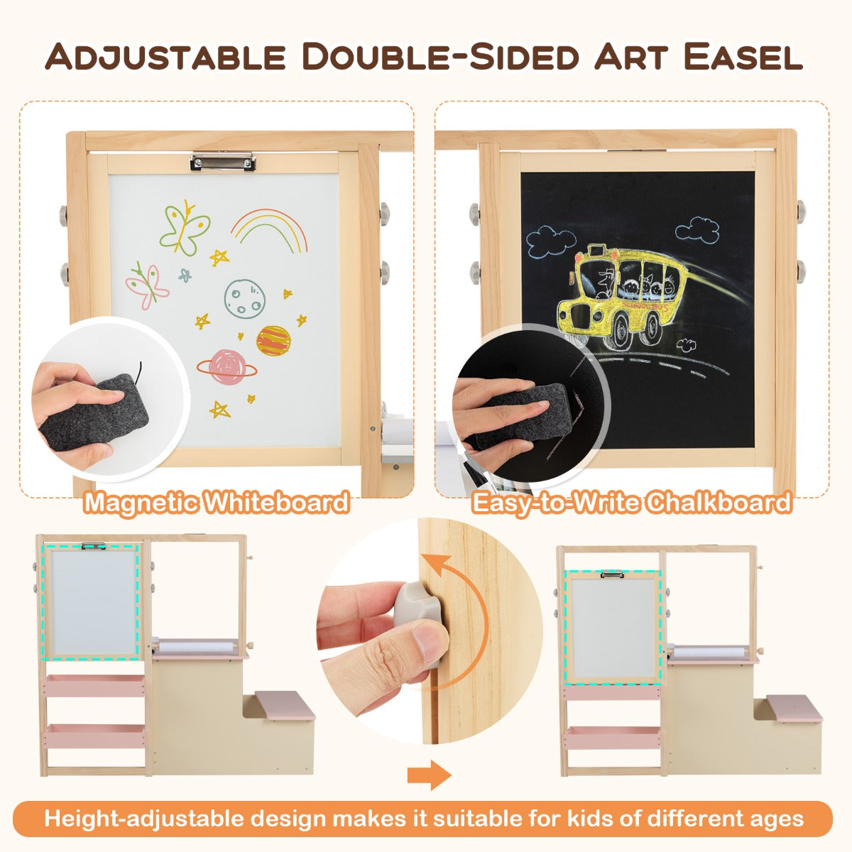 Kids Art Easel Table and Bench Set with Adjustable Easel and Bookshelf-Pink