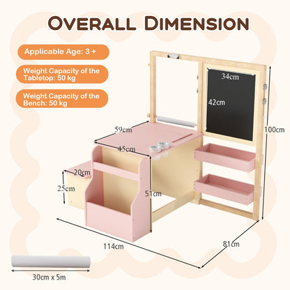 Kids Art Easel Table and Bench Set with Adjustable Easel and Bookshelf-Pink