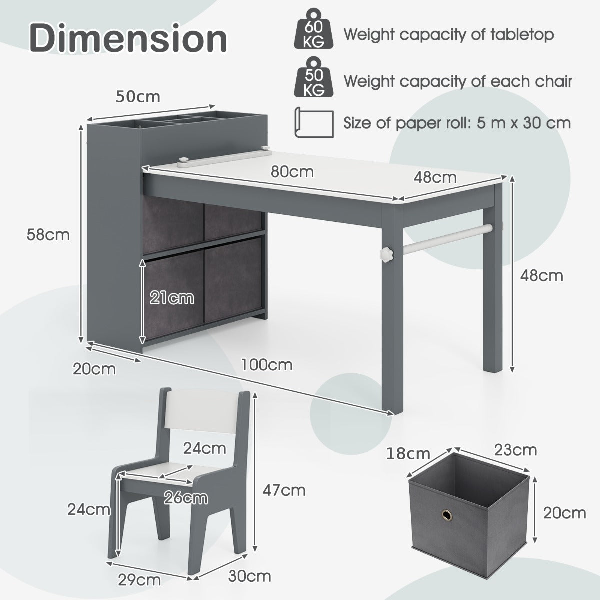 Kids Art Table and Chairs Set with Paper Roll and Storage Shelves-Grey