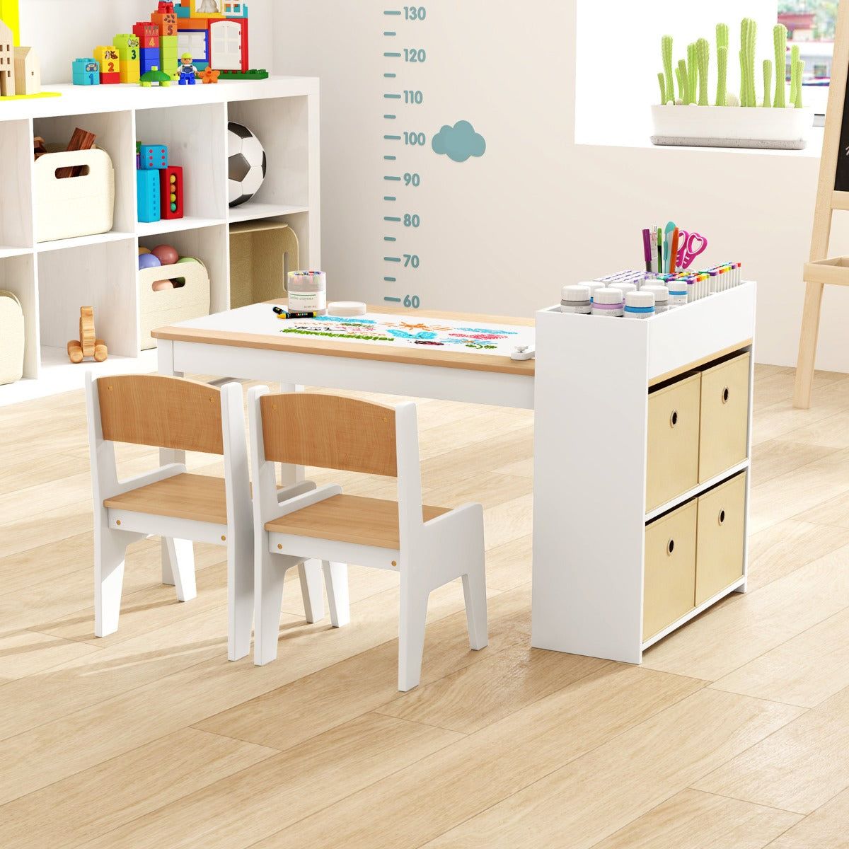 Kids Art Table and Chairs Set with Paper Roll and Storage Shelves-Natural