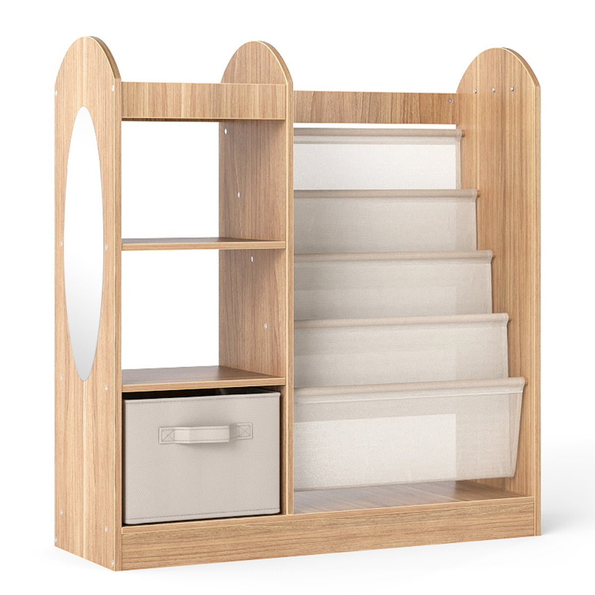 Kids Bookshelf with Full-Length Mirror and 4-Tier Sling Shelves-Natural