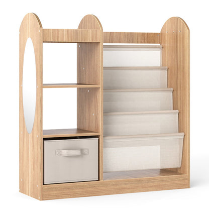 Kids Bookshelf with Full-Length Mirror and 4-Tier Sling Shelves-Natural