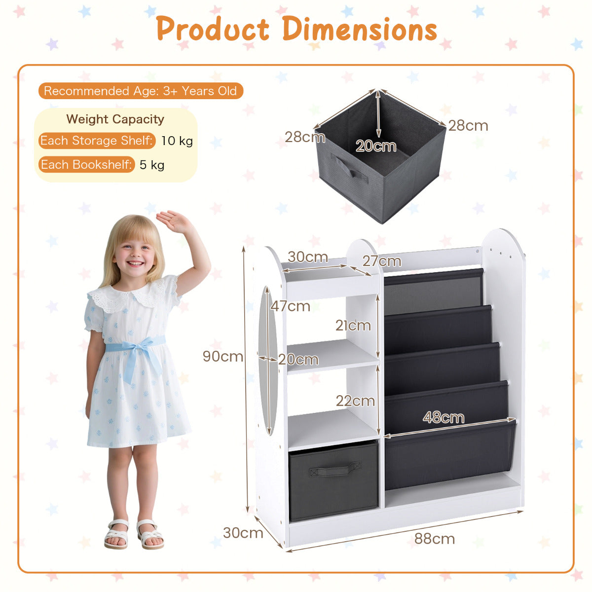 Kids Bookshelf with Full-Length Mirror and 4-Tier Sling Shelves-White
