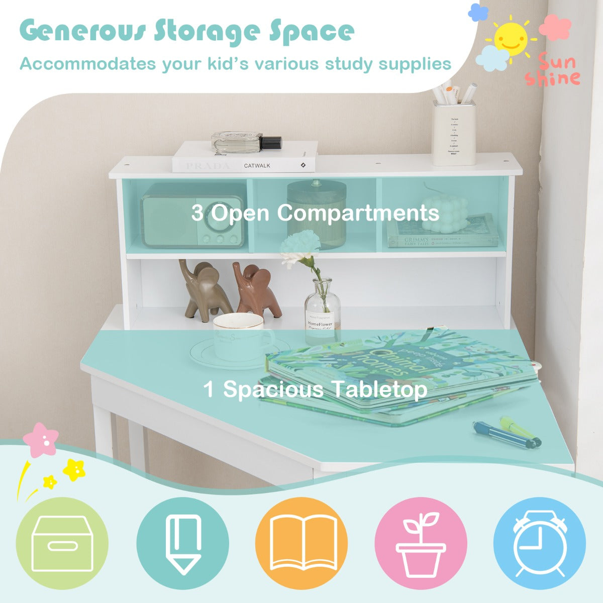 Kids Corner Desk and Chair Set with Chair and Hutch-White