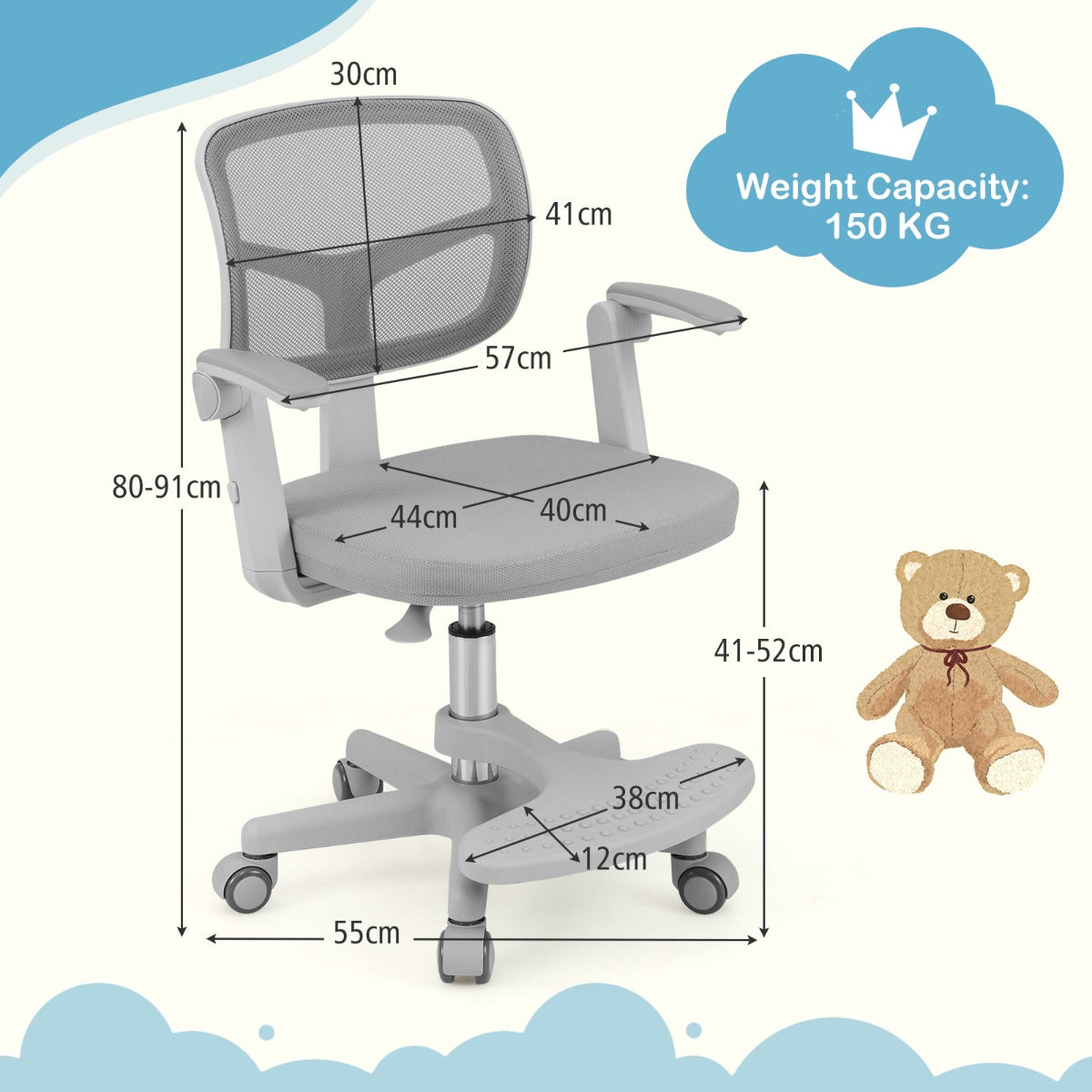 Kids Desk Chair Children Study Chair with Adjustable Height Armrest and Footrest-Grey