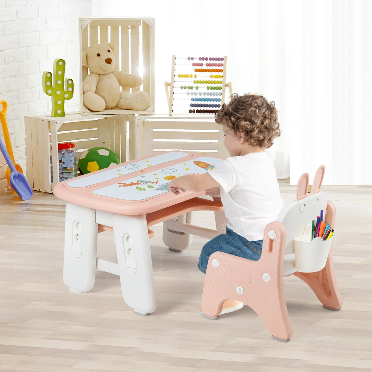Kids Drawing Table and Chair Set with Flip-Top Tabletop Bookshelf-Pink