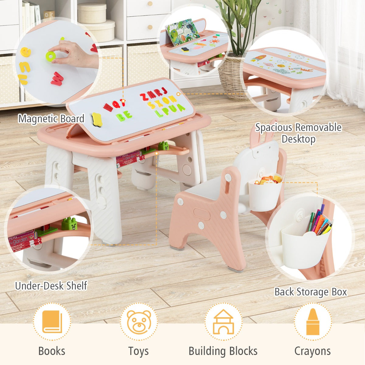 Kids Drawing Table and Chair Set with Flip-Top Tabletop Bookshelf-Pink