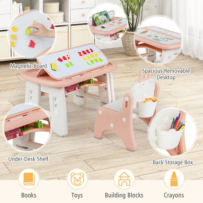Kids Drawing Table and Chair Set with Flip-Top Tabletop Bookshelf-Pink