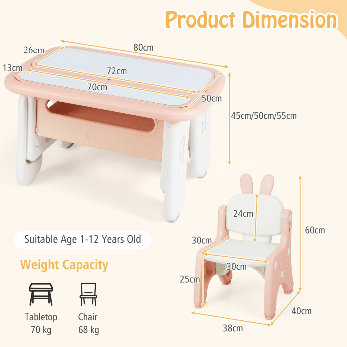 Kids Drawing Table and Chair Set with Flip-Top Tabletop Bookshelf-Pink