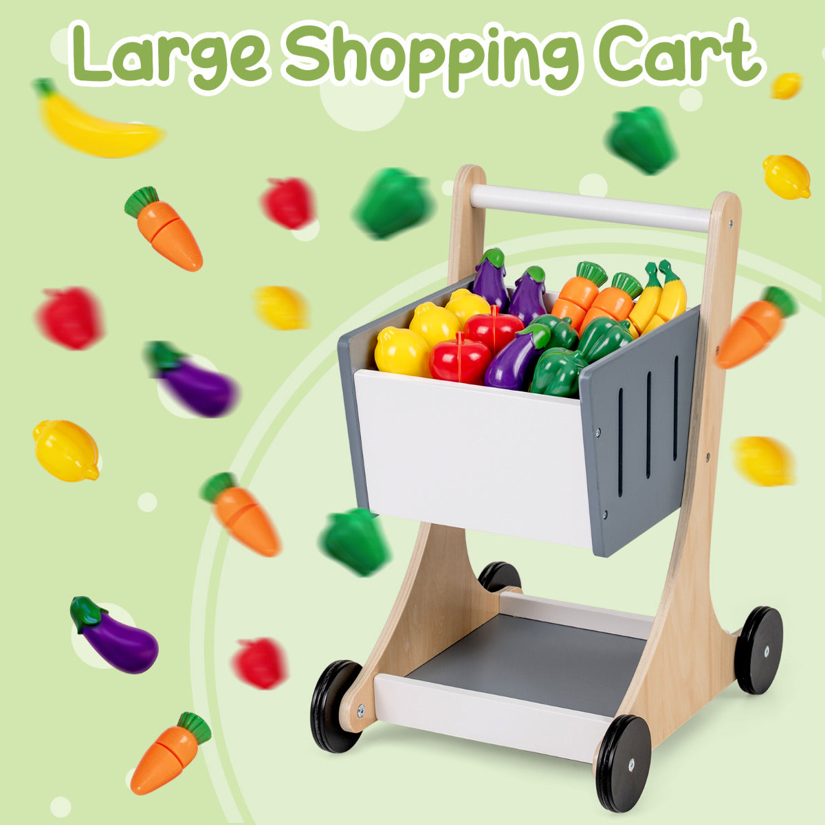 Grocery Wooden Pretend Play Supermarket with Shopping Cart-Gray & White