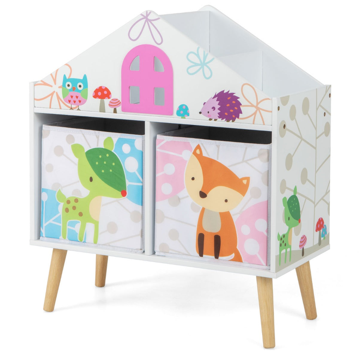 Kids House-shaped Bookshelf with 2 Storage Bins and Elevated Solid Wood Legs-White