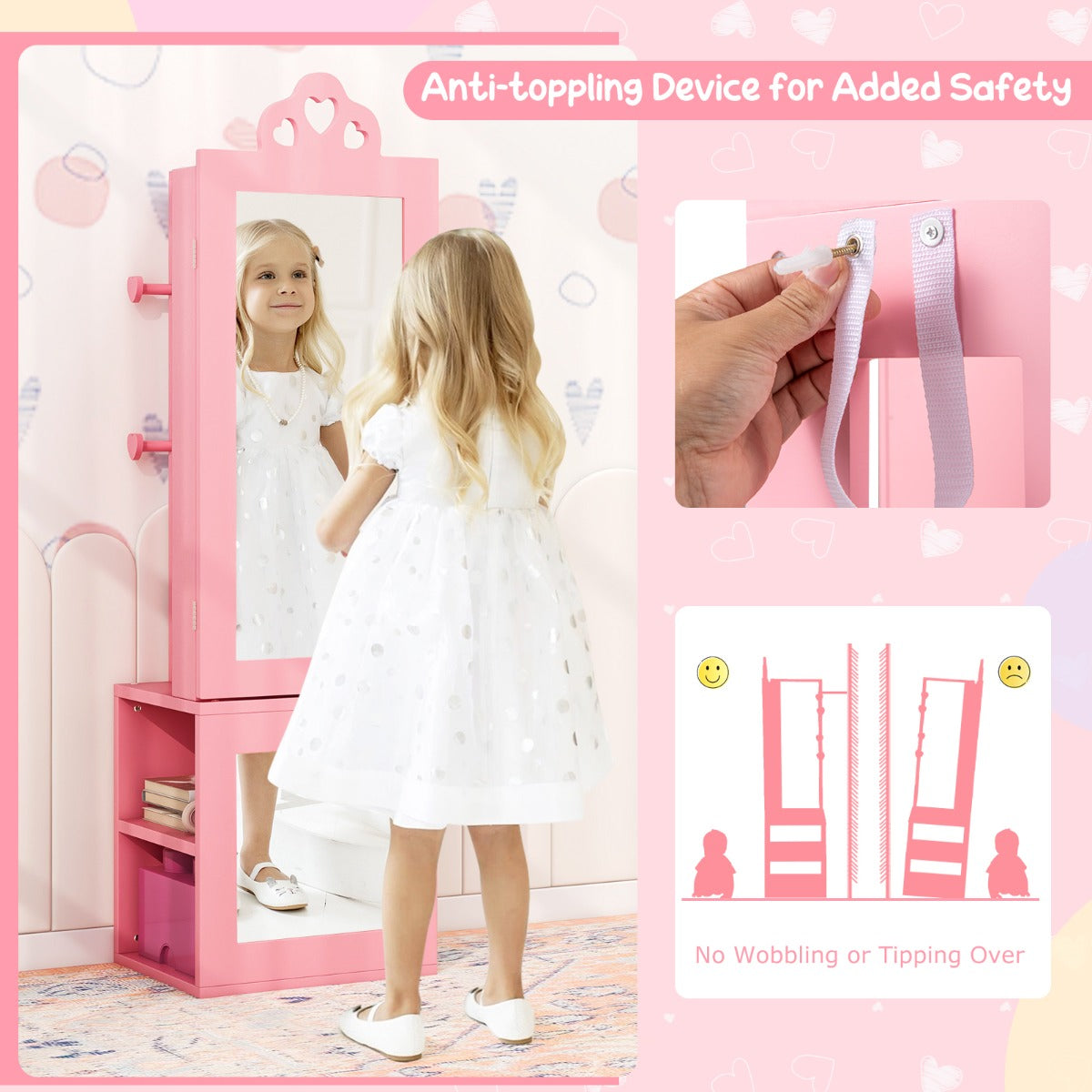Kids Jewelry Armoire Full Length Mirror with Coat Rack and Storage Shelves-Pink