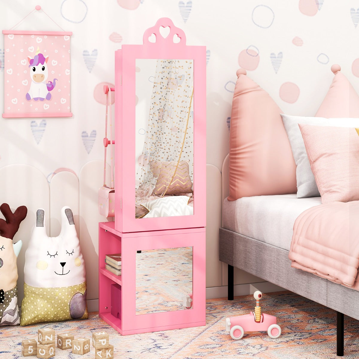 Kids Jewelry Armoire Full Length Mirror with Coat Rack and Storage Shelves-Pink