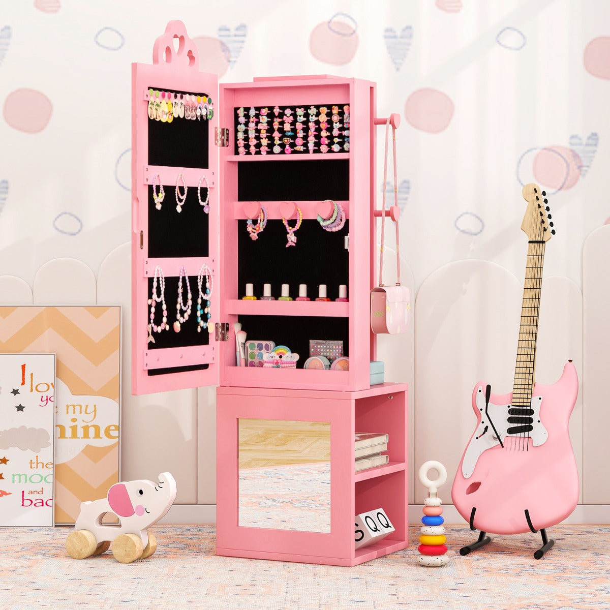 Kids Jewelry Armoire Full Length Mirror with Coat Rack and Storage Shelves-Pink