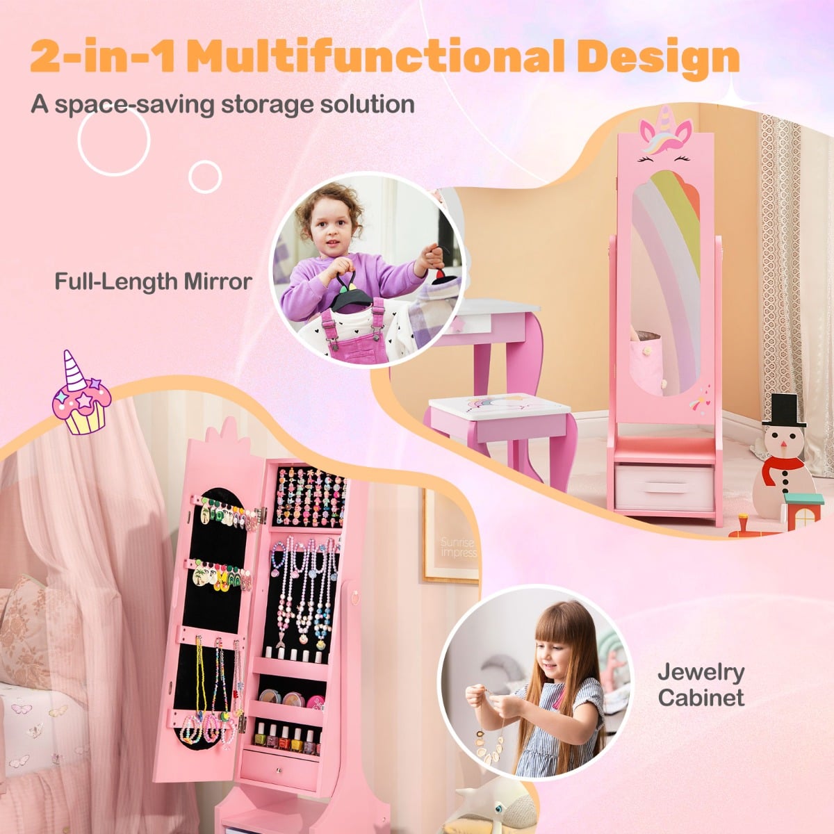 Kids Jewelry Cabinet with Full-Length Mirror and Foldable Drawer-Pink