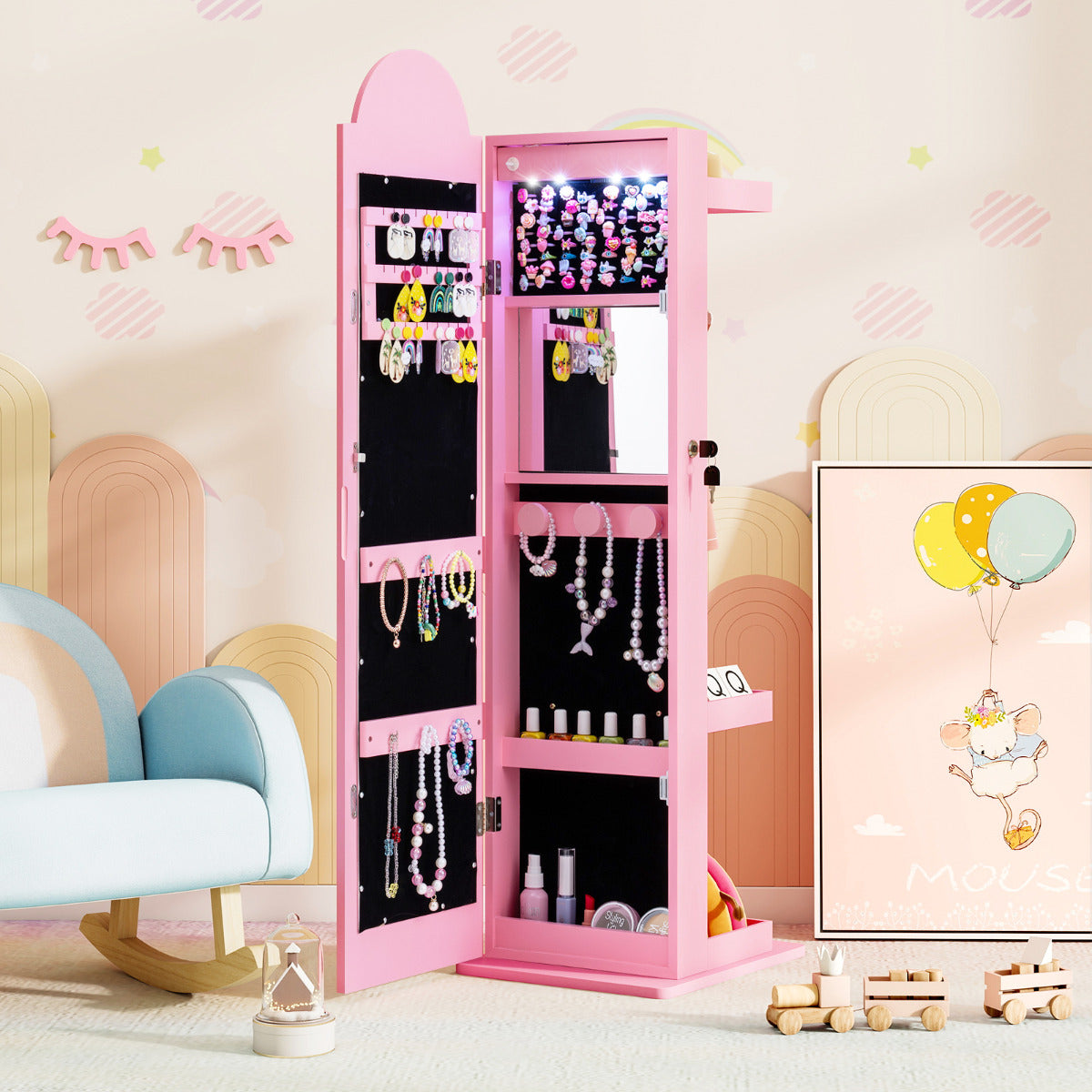 Kids Jewelry Cabinet Standing Children Jewelry Organizer-Pink