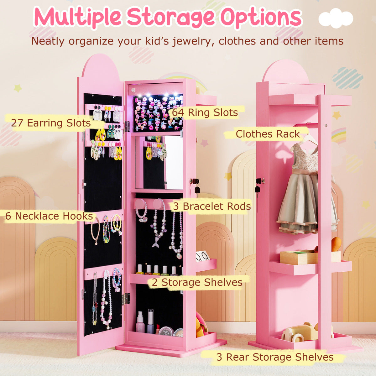 Kids Jewelry Cabinet Standing Children Jewelry Organizer-Pink