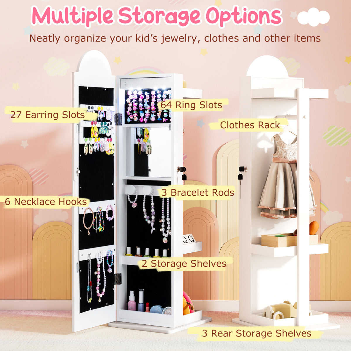 Kids Jewelry Cabinet Standing Children Jewelry Organizer-White