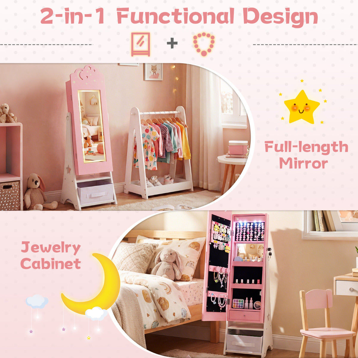 Kids Jewelry Cabinet with Sensor Lights and Full-Length Mirror-Pink