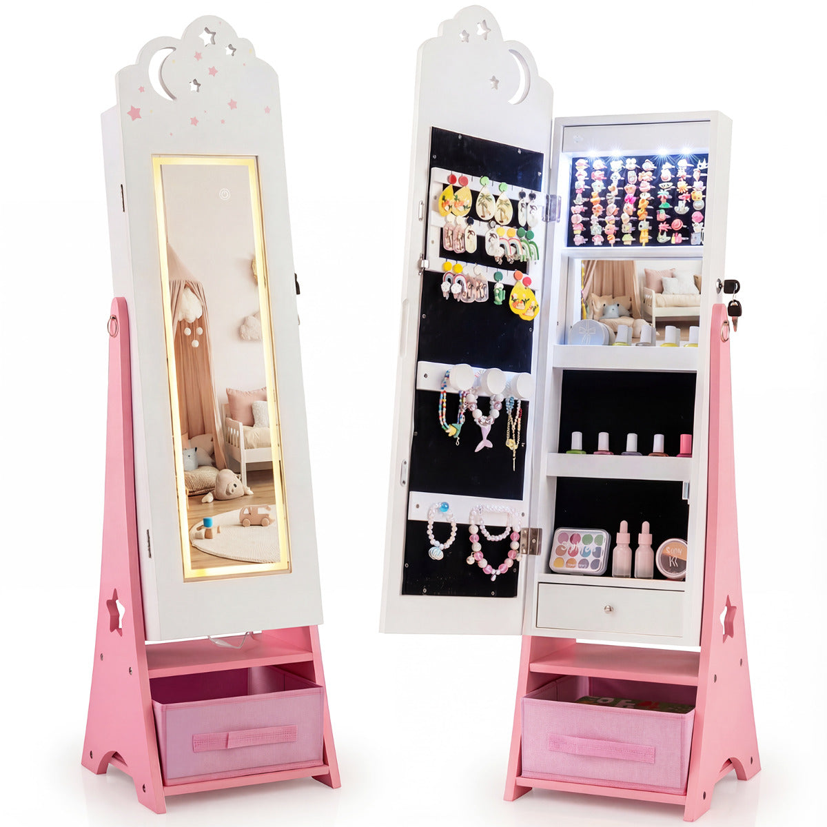 Kids Jewelry Cabinet with Sensor Lights and Full-Length Mirror-White