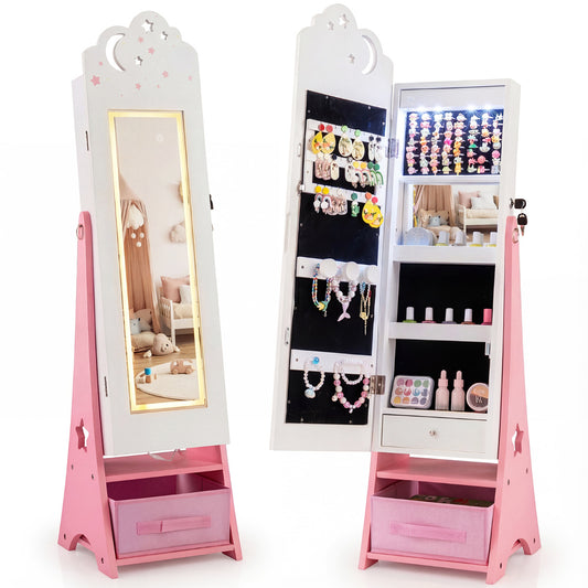 Kids Jewelry Cabinet with Sensor Lights and Full-Length Mirror-White