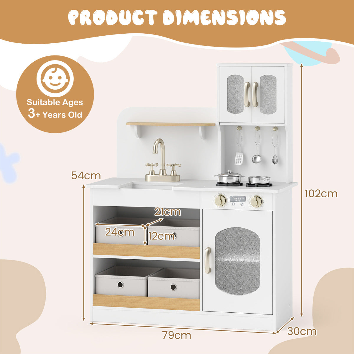 Kids Kitchen Playset Toy Play Kitchen with 4 Fabric Drawers for 3+ Years Old-White