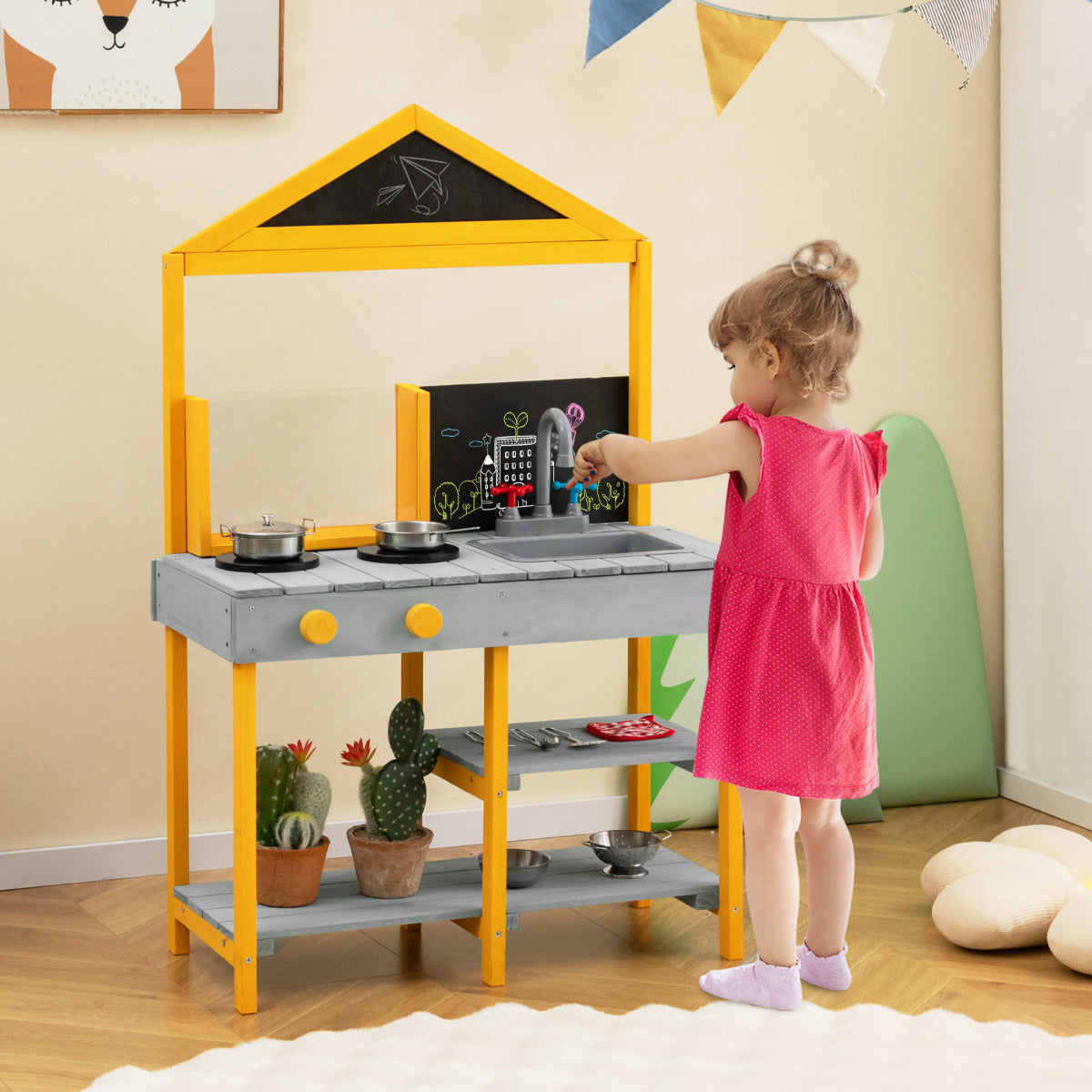 Kids Mud Kitchen Outdoor Kitchen Playset with Educational Plant Viewer-Grey
