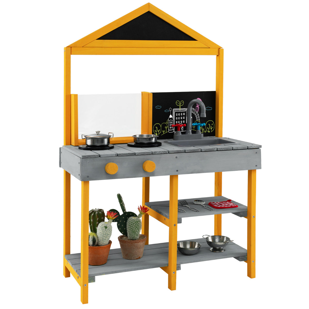 Kids Mud Kitchen Outdoor Kitchen Playset with Educational Plant Viewer-Grey