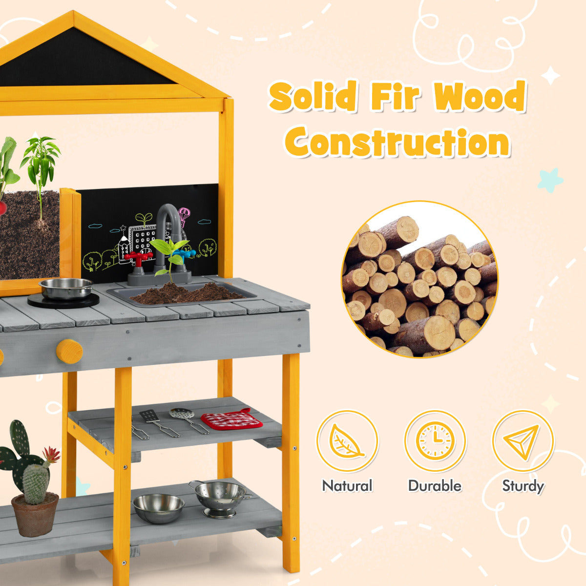 Kids Mud Kitchen Outdoor Kitchen Playset with Educational Plant Viewer-Grey