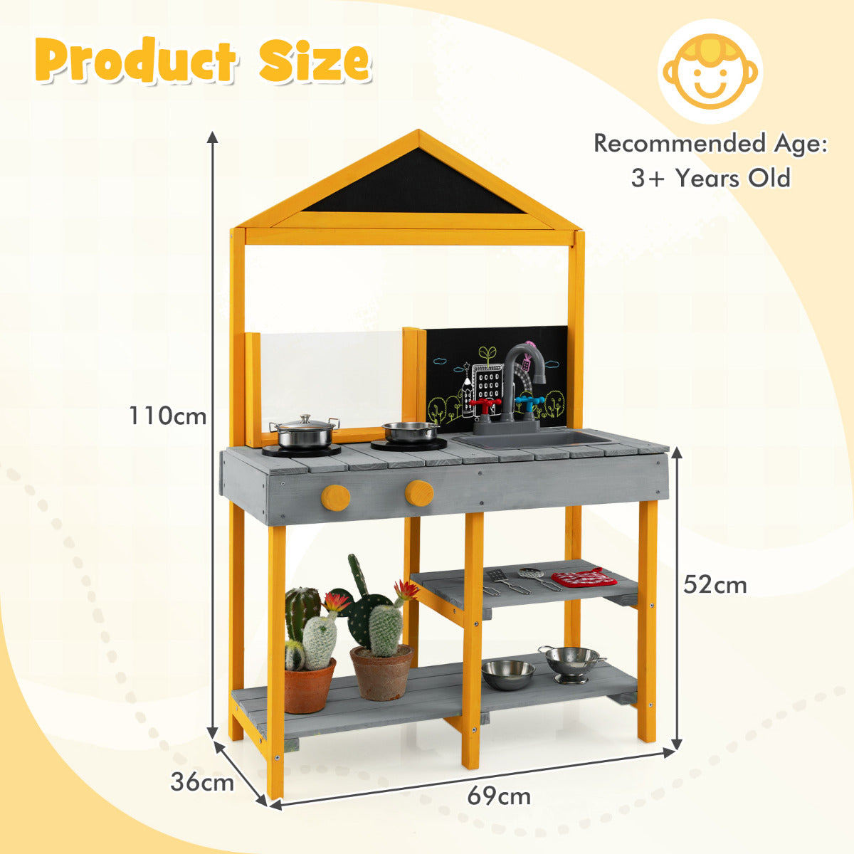 Kids Mud Kitchen Outdoor Kitchen Playset with Educational Plant Viewer-Grey