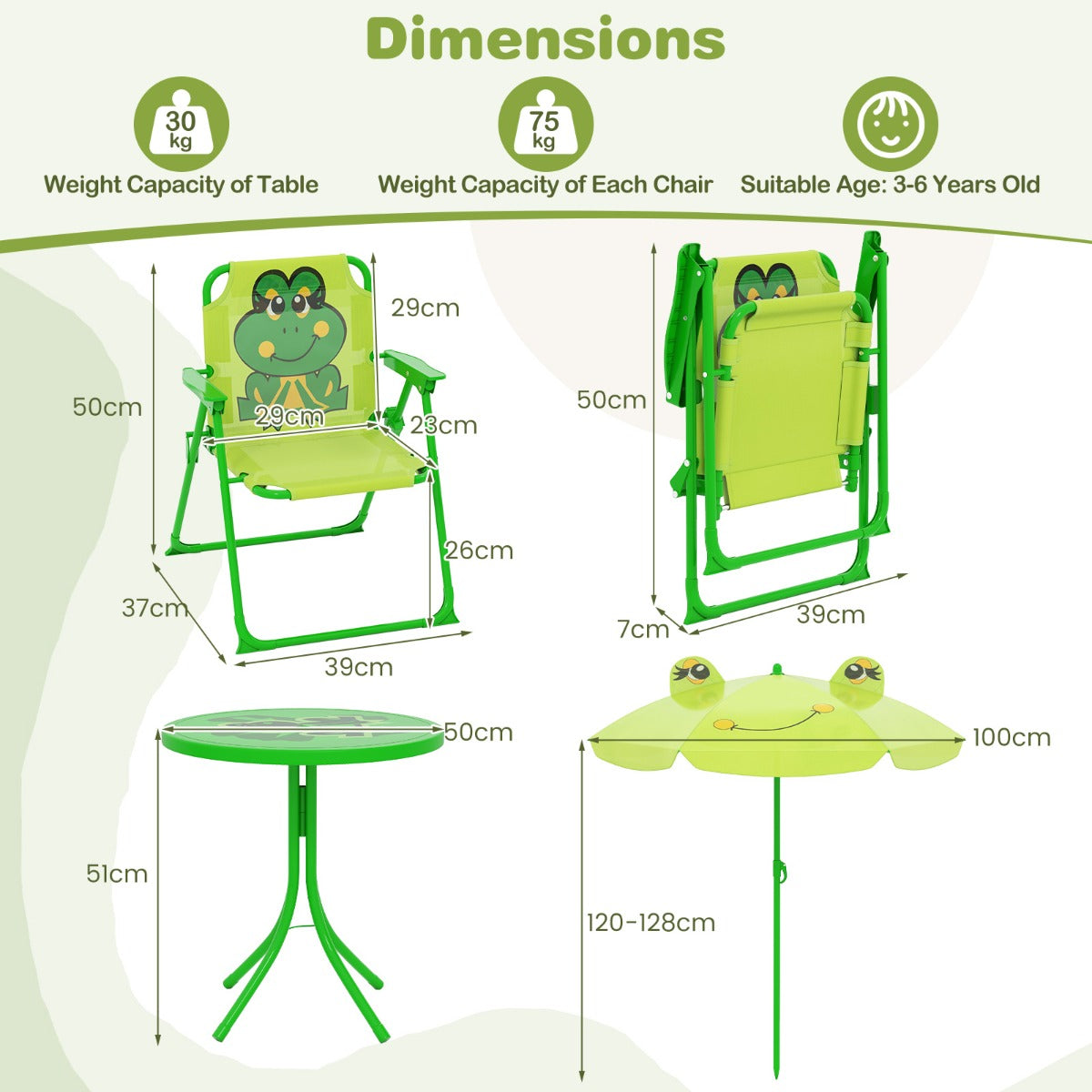 Kids Picnic Table and Chair Set with 2 Folding Chairs and Height Adjustable Umbrella-Green
