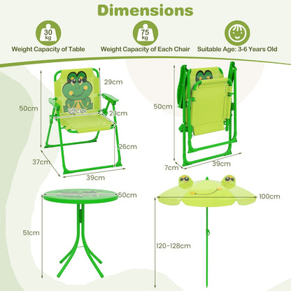 Kids Picnic Table and Chair Set with 2 Folding Chairs and Height Adjustable Umbrella-Green
