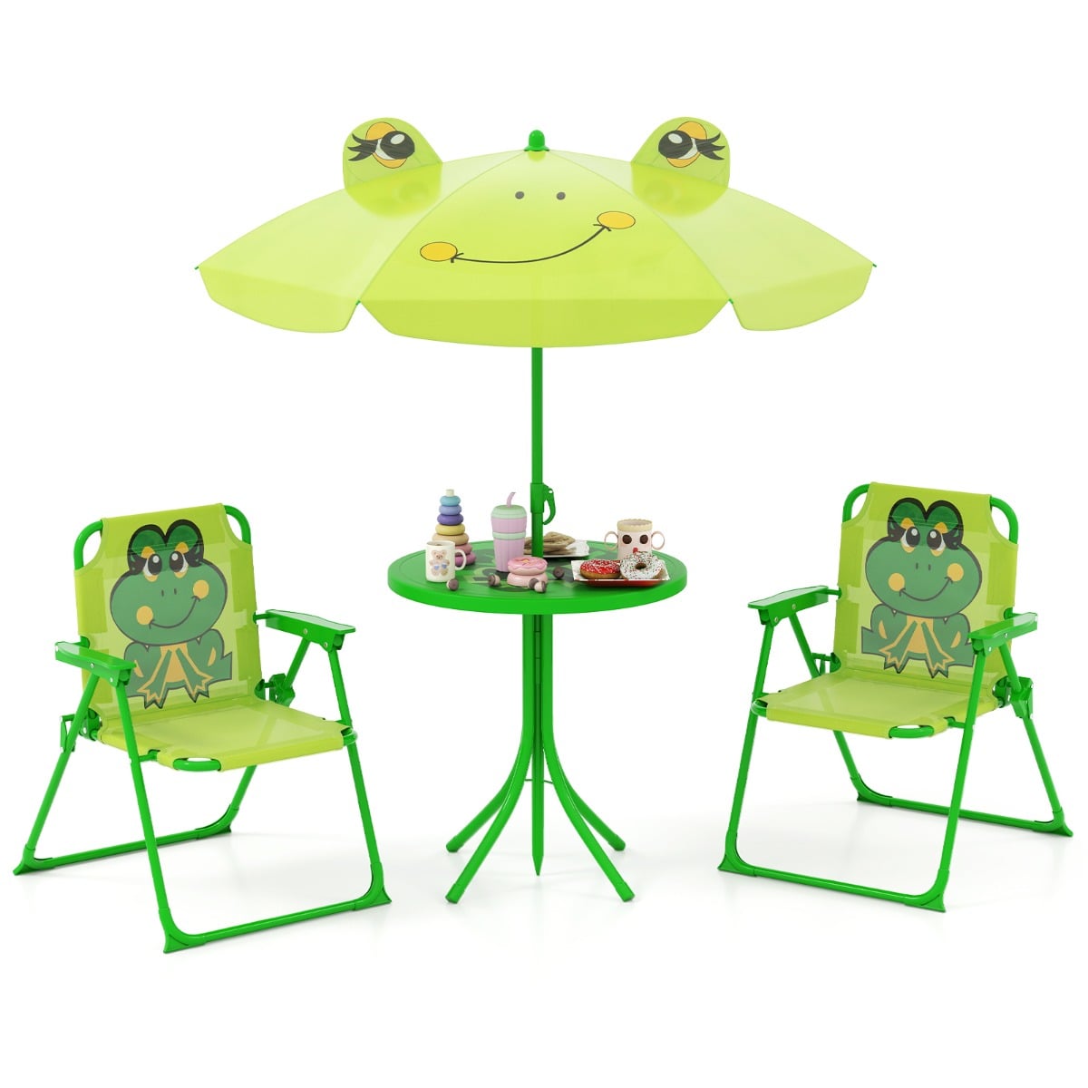 Kids Picnic Table and Chair Set with 2 Folding Chairs and Height Adjustable Umbrella-Green