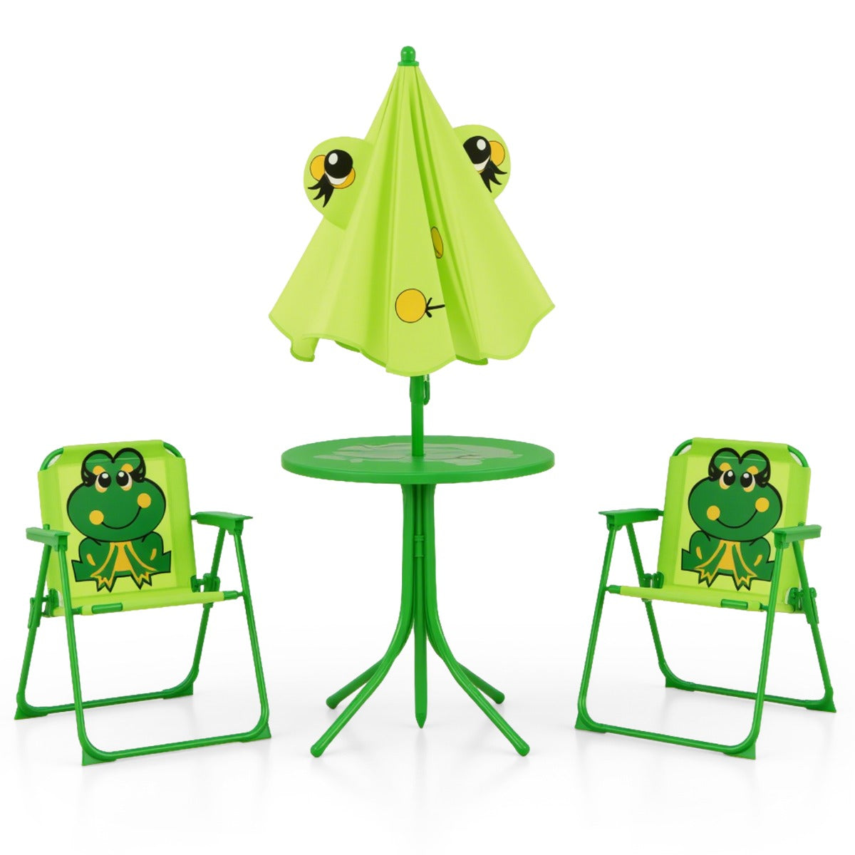 Kids Picnic Table and Chair Set with 2 Folding Chairs and Height Adjustable Umbrella-Green