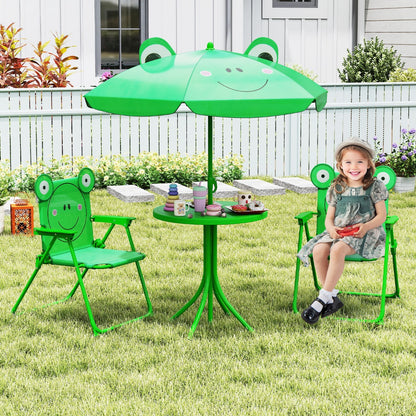 Kids Picnic Table and Chair Set with 2 Folding Chairs and Height Adjustable Umbrella-Dark Green