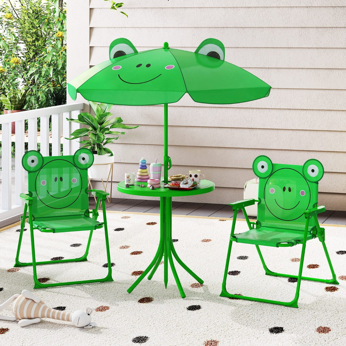 Kids Picnic Table and Chair Set with 2 Folding Chairs and Height Adjustable Umbrella-Dark Green