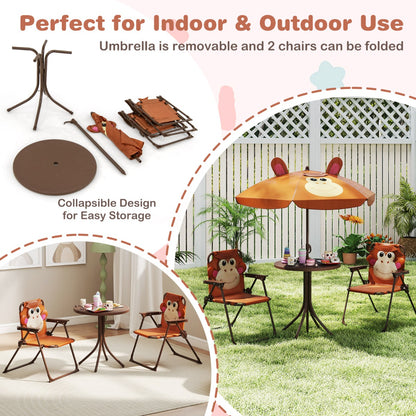 Kids Picnic Table and Chair Set with 2 Folding Chairs and Height Adjustable Umbrella-Brown