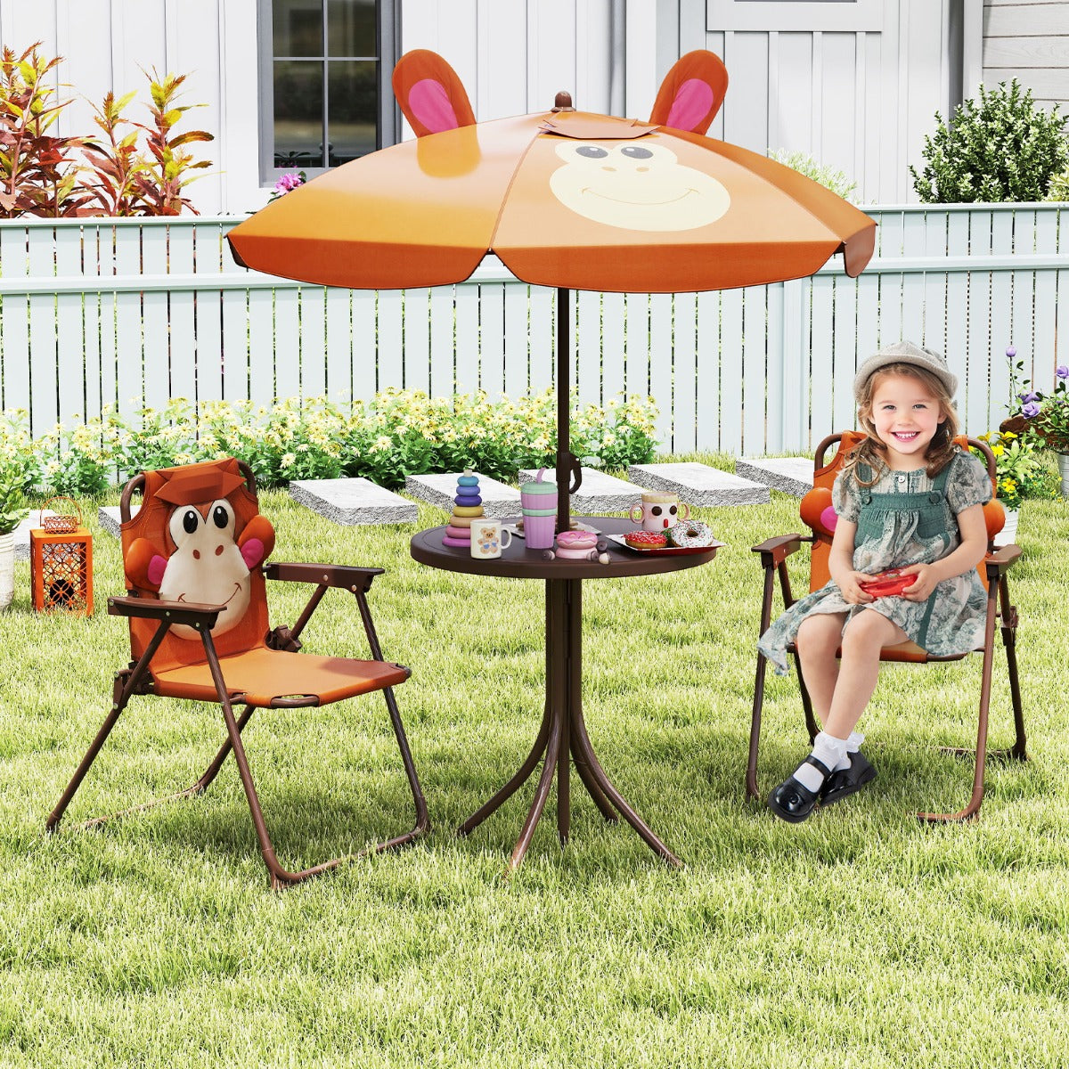 Kids Picnic Table and Chair Set with 2 Folding Chairs and Height Adjustable Umbrella-Brown