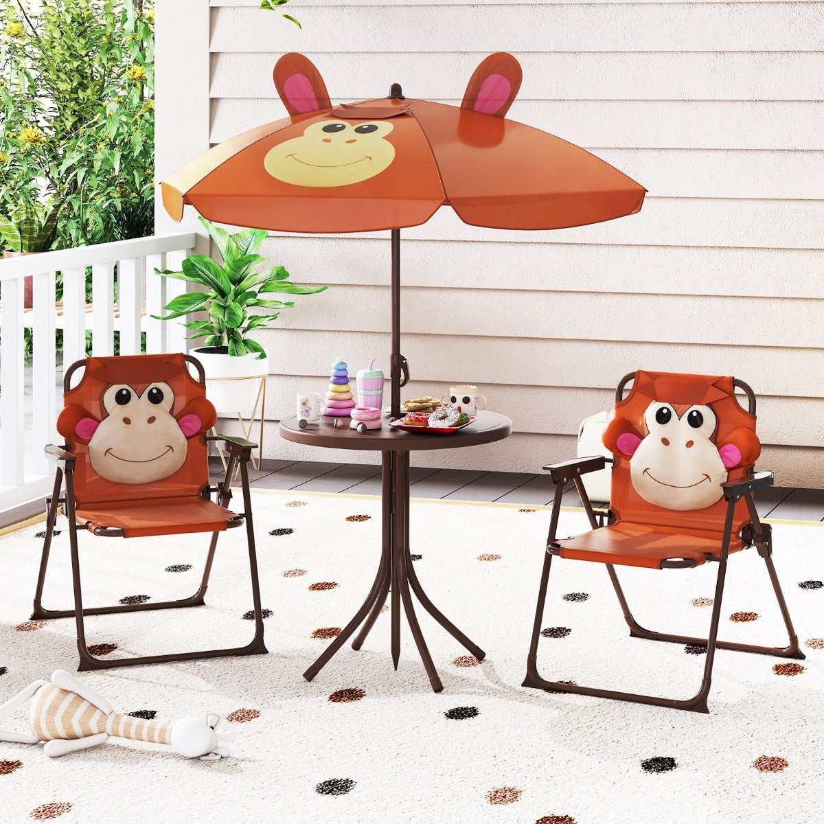 Kids Picnic Table and Chair Set with 2 Folding Chairs and Height Adjustable Umbrella-Brown