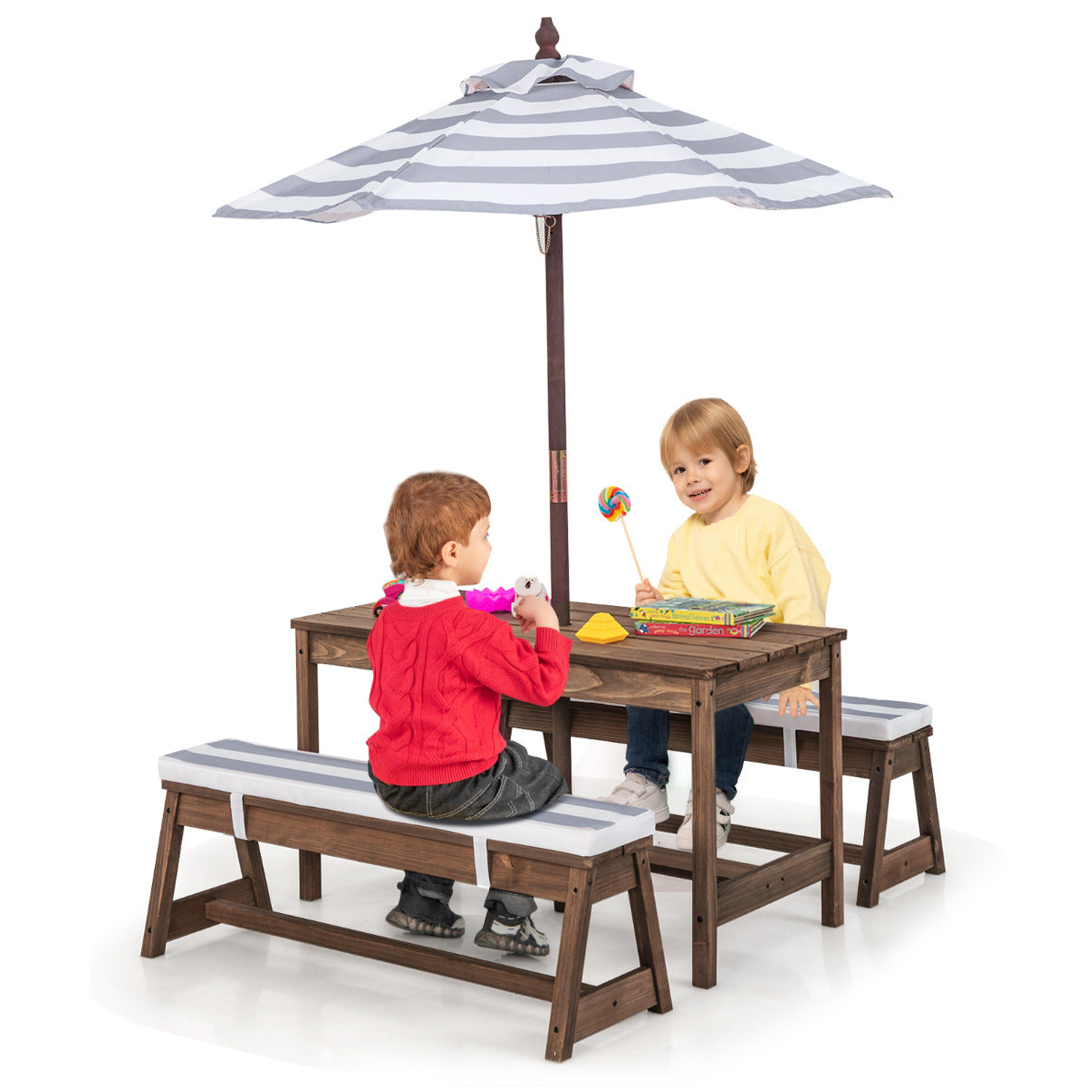 Kids Picnic Table with Cushions and Umbrella-Grey