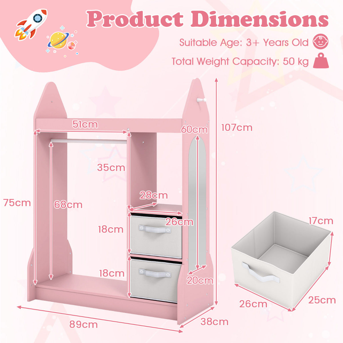 Kids Play Armoire Dresser with Acrylic Mirror Cloth Hanger-Pink