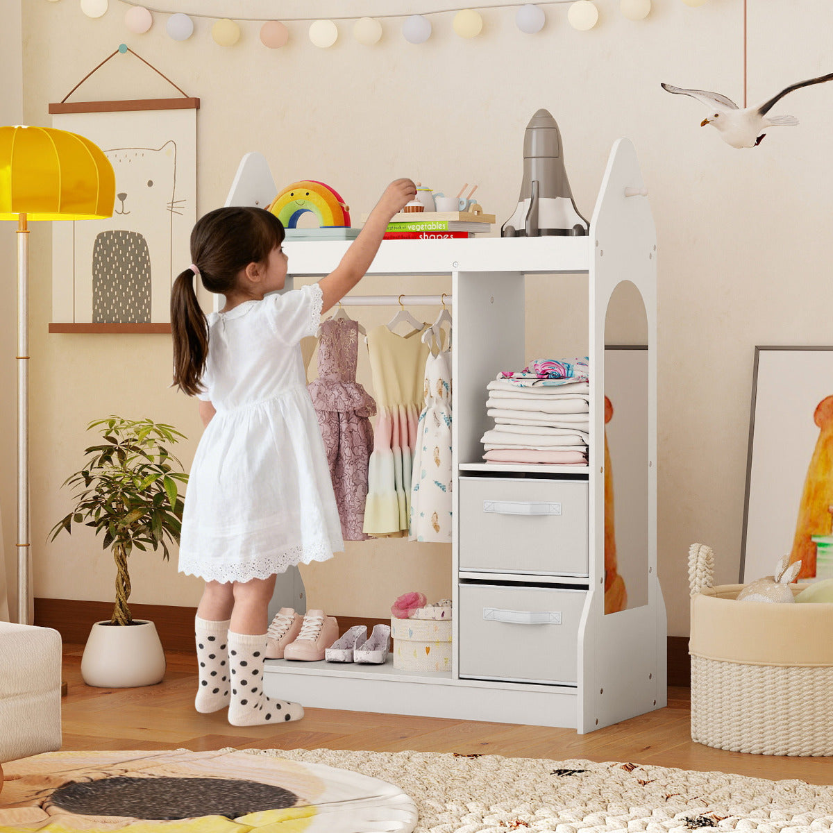 Kids Play Armoire Dresser with Acrylic Mirror Cloth Hanger-White